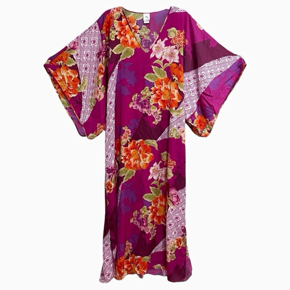 N Natori Womens Floral Satin Kimono Samoa Caftan Dress Size XL Purple Pockets